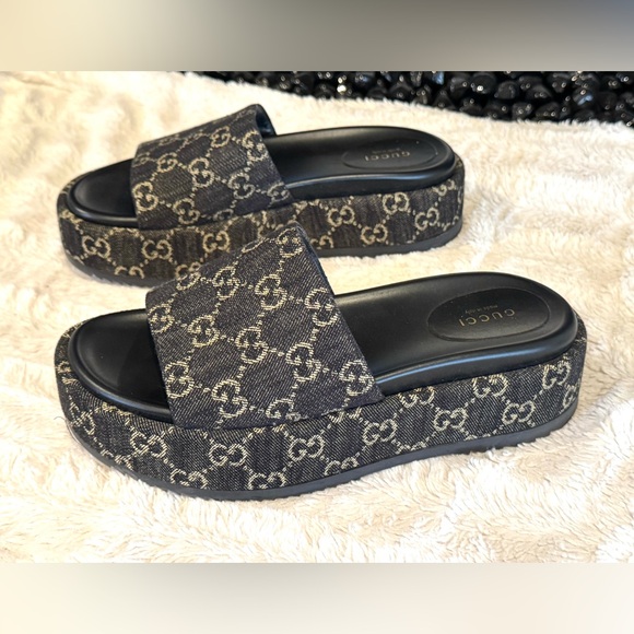 Gucci Women's Angelina Platform Slide Sandals GG Denim - Picture 1 of 13